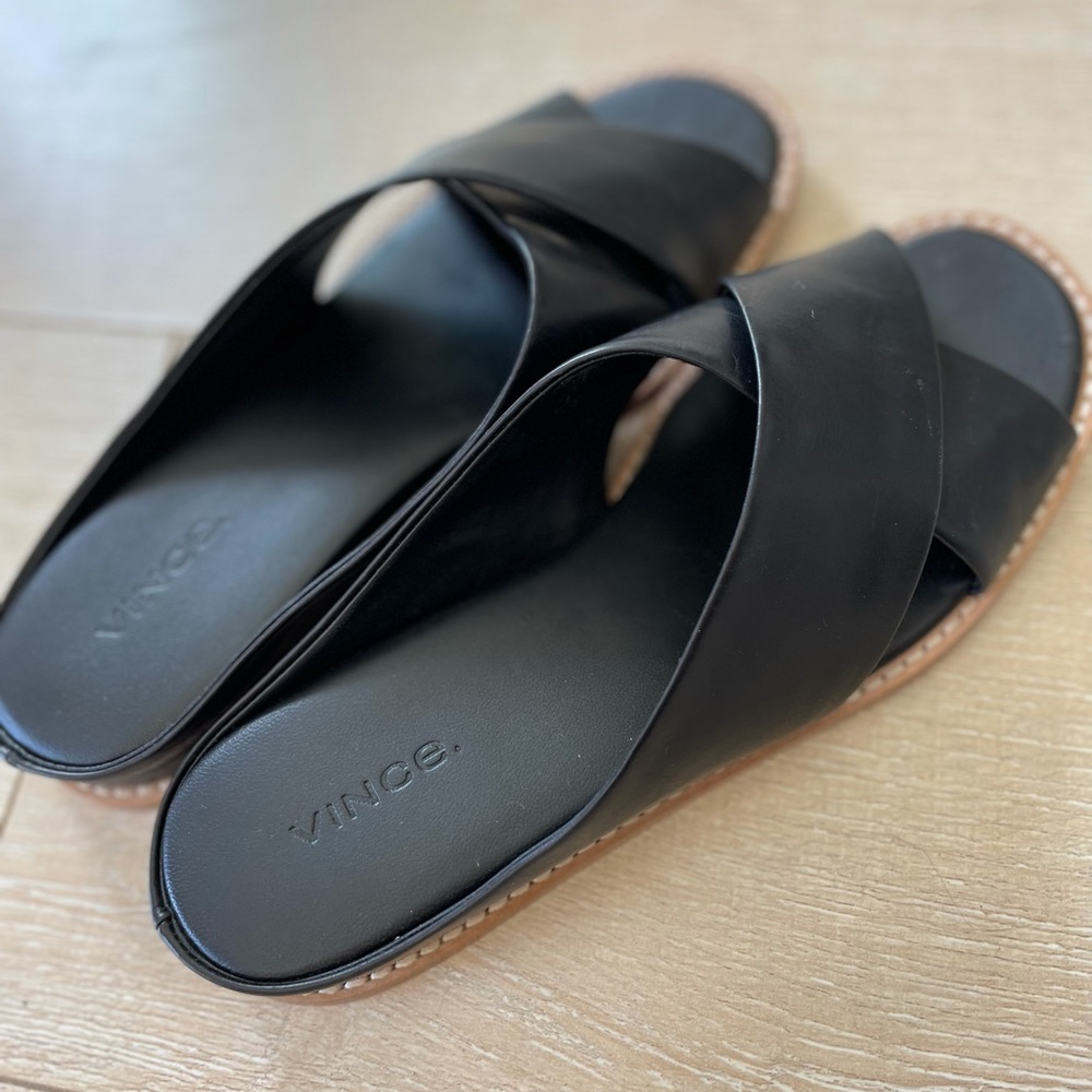 Vince Black Leather Sandals Slides